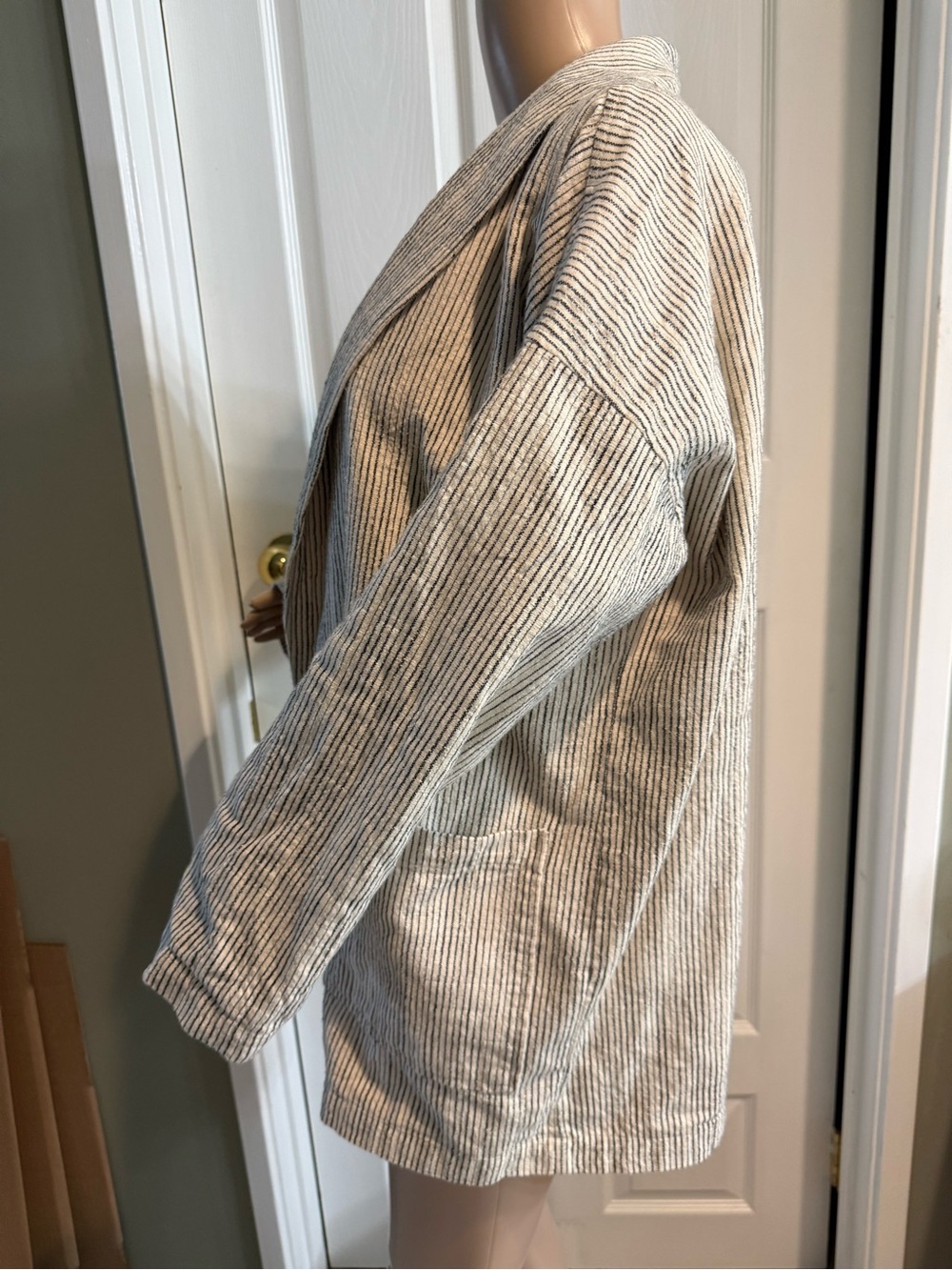 Eileen Fisher Natural Black Striped Cotton Open Front Jacket S M Oversized - Picture 7 of 13